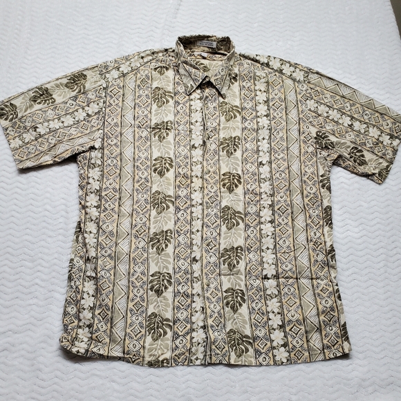 pierre cardin shirts mens L Cotton Hawaiian Yellow Green Button Up Short Sleeve - Picture 1 of 5